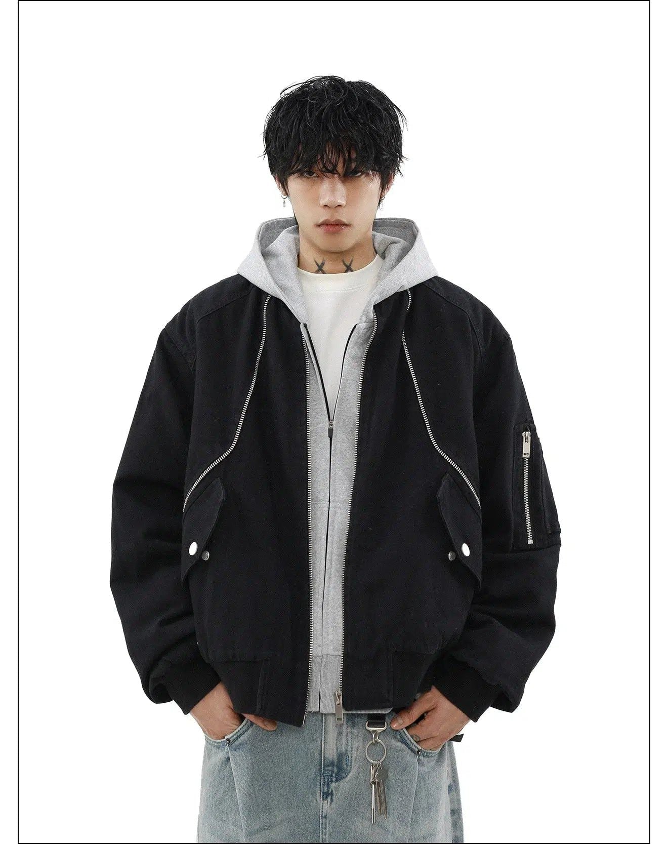 Zipped Detail Ribbed Hem Jacket Korean Street Fashion Jacket By Mr Nearly Shop Online at OH Vault