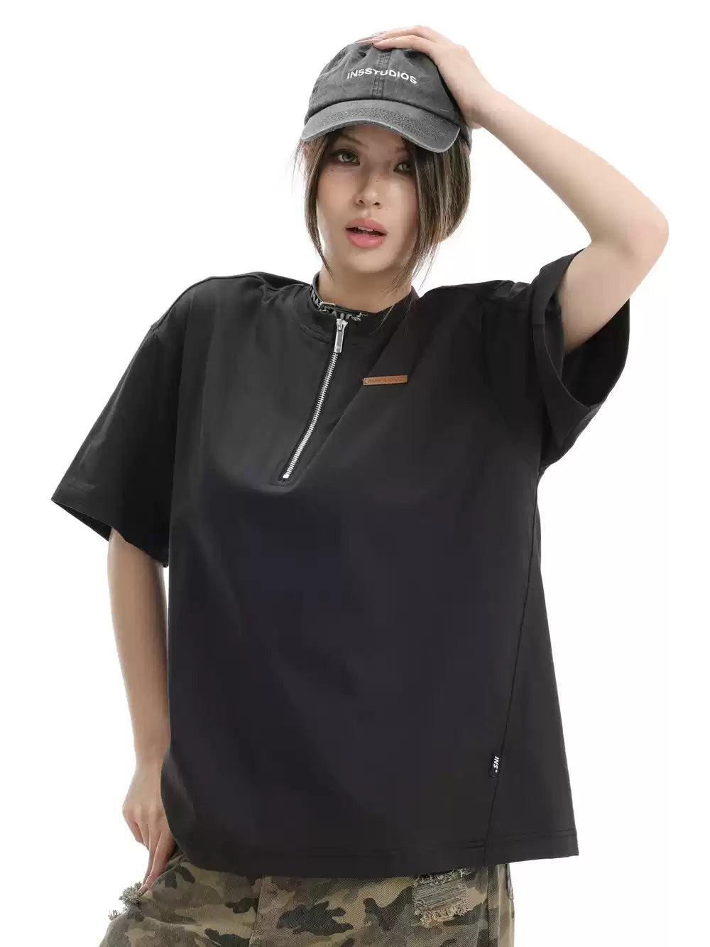 Half-Zipped Comfty T-Shirt Korean Street Fashion T-Shirt By INS Korea Shop Online at OH Vault