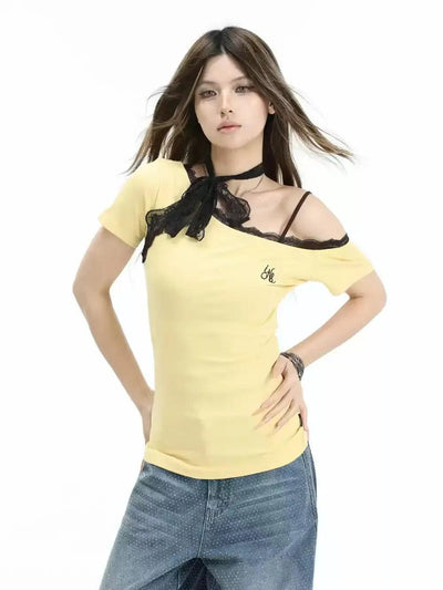 Lace Off-Shoulder T-Shirt Korean Street Fashion T-Shirt By INS Korea Shop Online at OH Vault