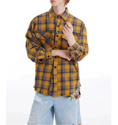 Checked Raw Edge Shirt Korean Street Fashion Shirt By Made Extreme Shop Online at OH Vault