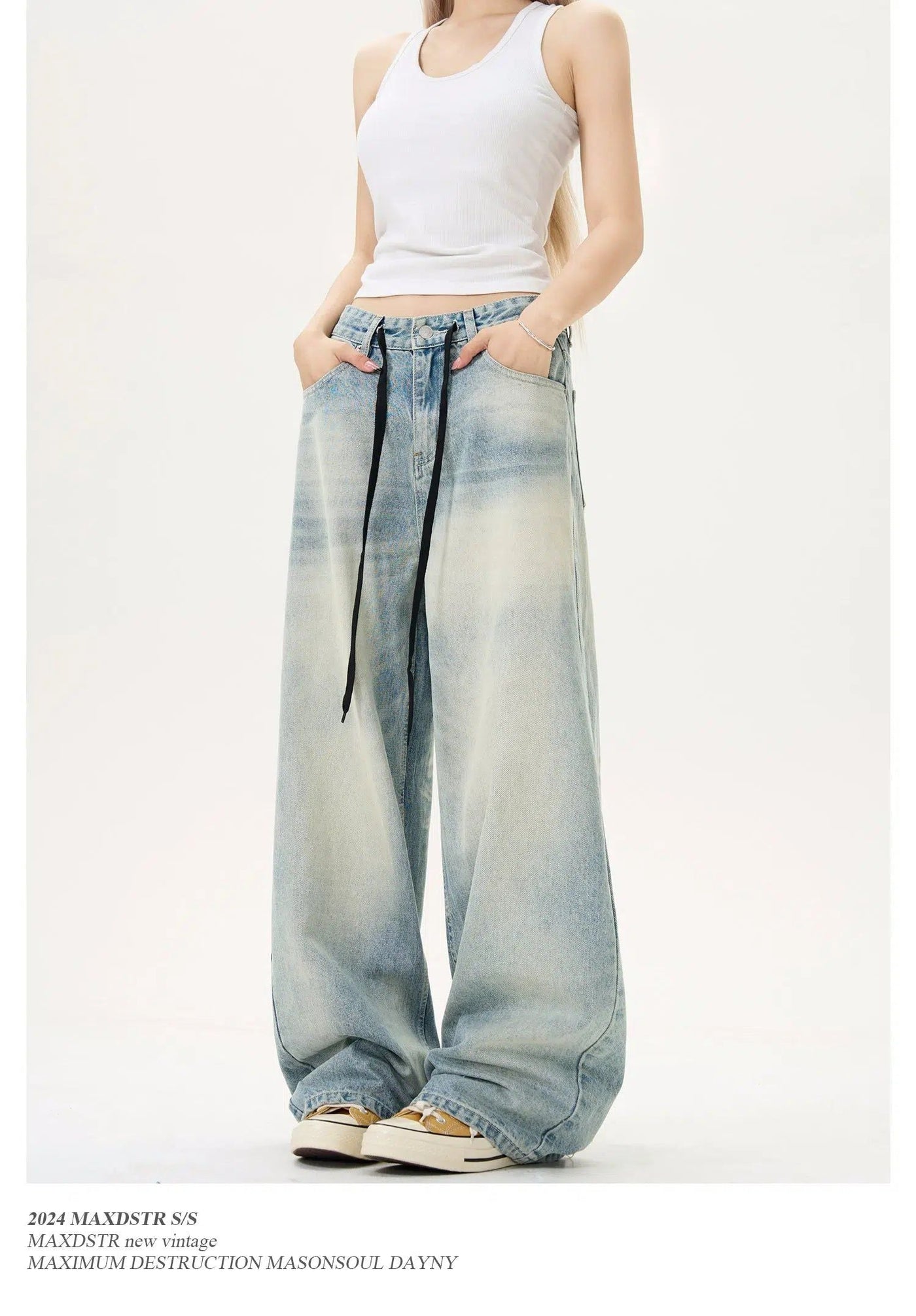 Faded Drawstring Waist Jeans Korean Street Fashion Jeans By MaxDstr Shop Online at OH Vault