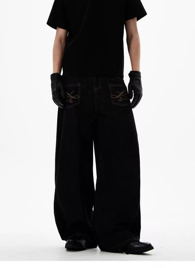Embroidery Pocket Wide Jeans Korean Street Fashion Jeans By 77Flight Shop Online at OH Vault