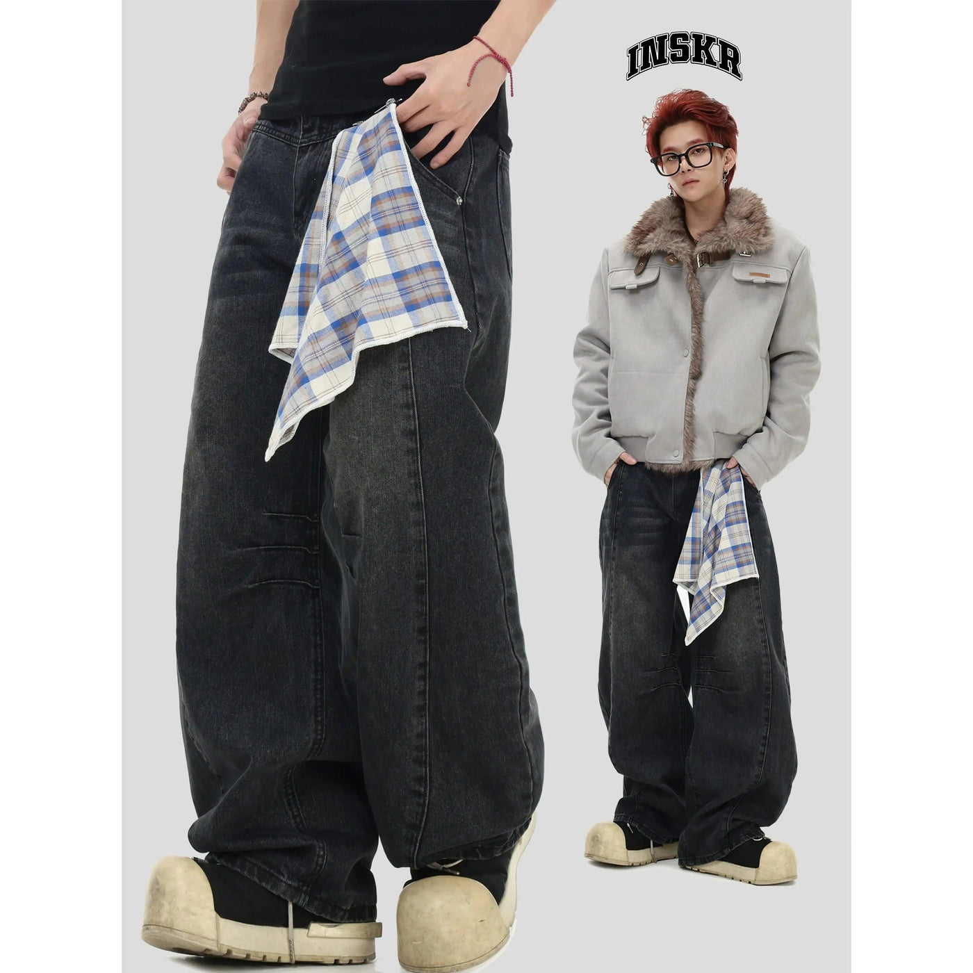 Plaid Handkerchief Detail Washed Scimitar Jeans Korean Street Fashion Jeans By INS Korea Shop Online at OH Vault