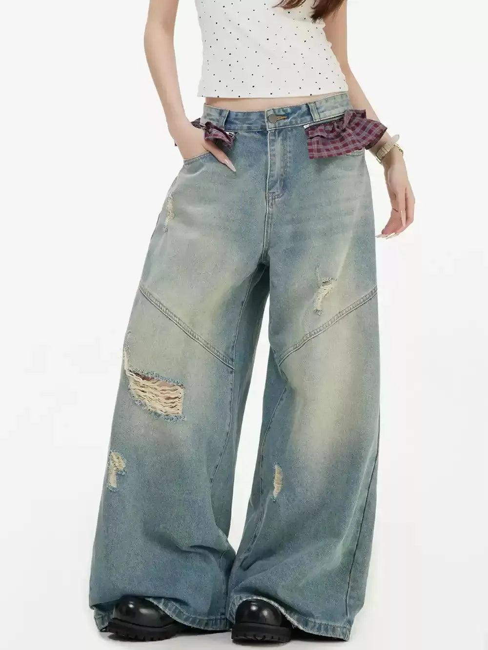 Plaid Fabric Pockets Distressed Jeans Korean Street Fashion Jeans By INS Korea Shop Online at OH Vault