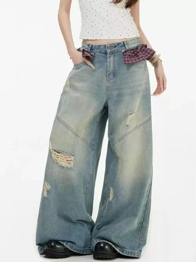 Plaid Fabric Pockets Distressed Jeans Korean Street Fashion Jeans By INS Korea Shop Online at OH Vault