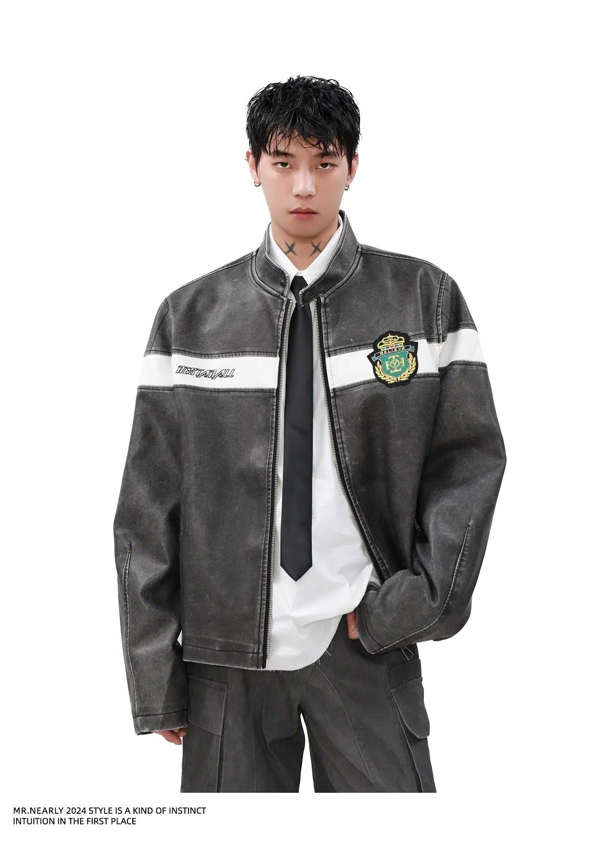 Spliced Badge Detail Moto PU Leather Jacket Korean Street Fashion Jacket By Mr Nearly Shop Online at OH Vault