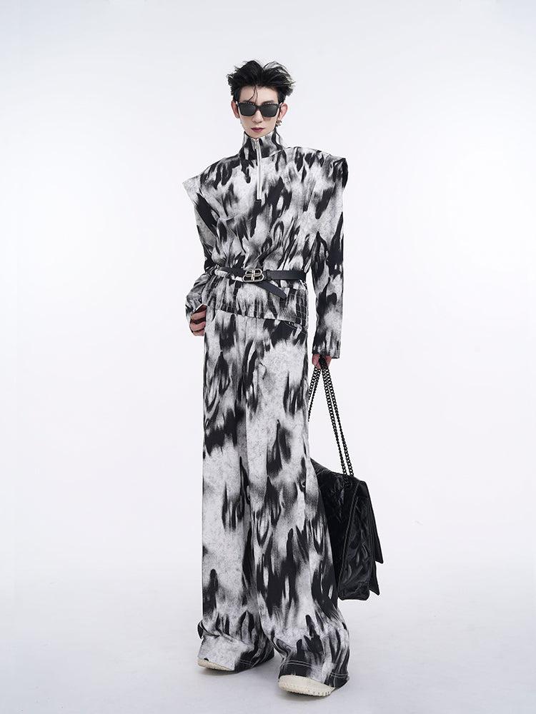 Monochrome Print Structured Half-Zip Korean Street Fashion Half-Zip By Slim Black Shop Online at OH Vault