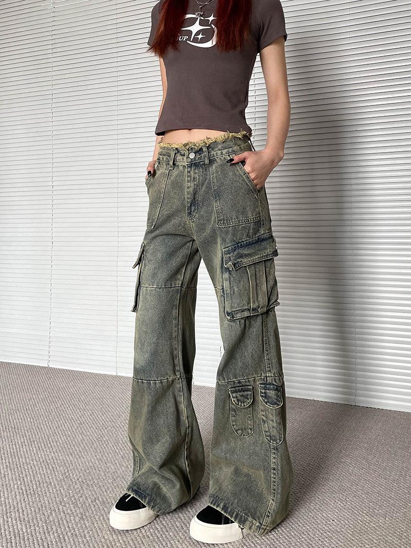 Faded Raw Edge Loose Cargo Jeans Korean Street Fashion Jeans By Apocket Shop Online at OH Vault