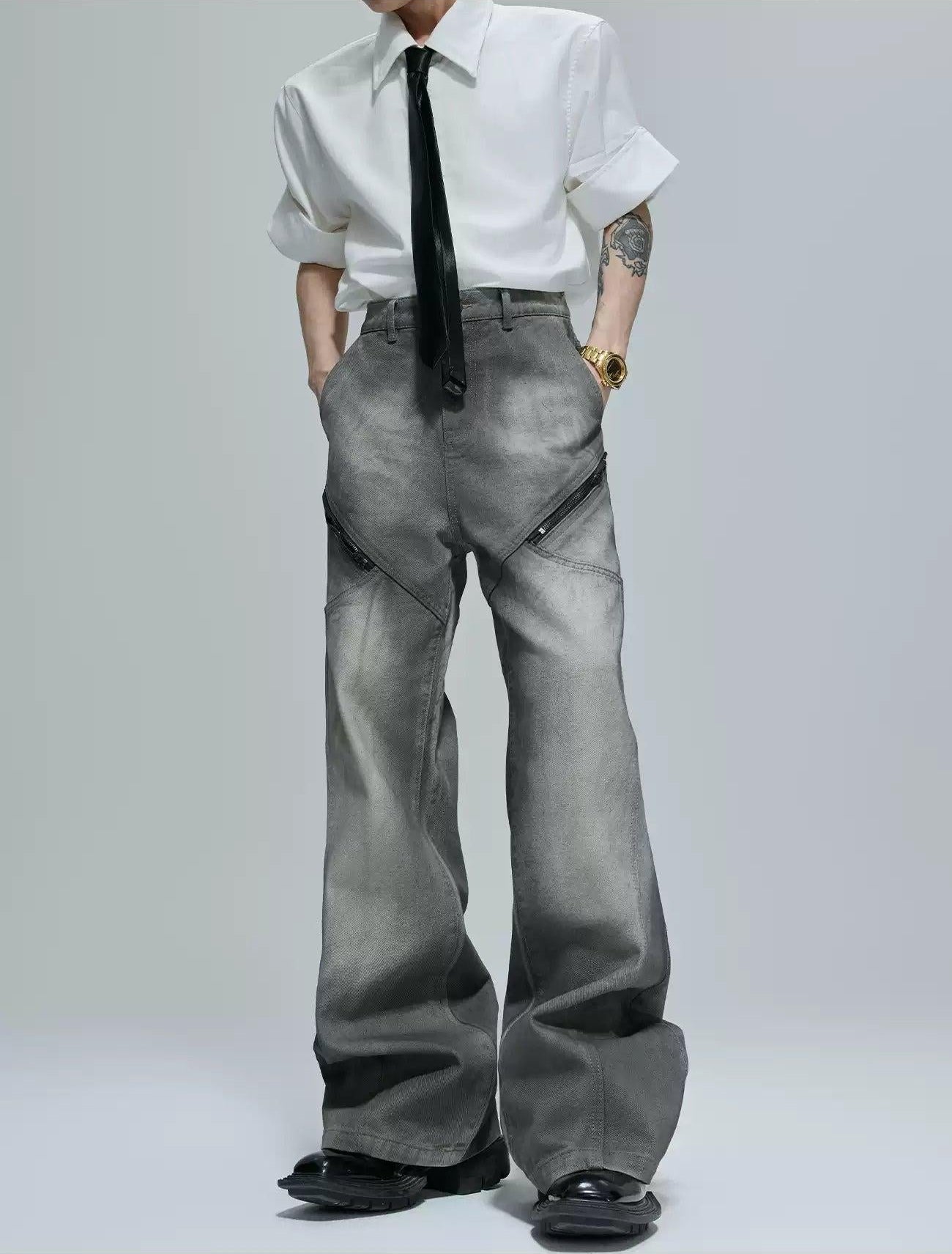 Multi-Zipped Contrast Faded Denim Jacket & Jeans Set Korean Street Fashion Clothing Set By Argue Culture Shop Online at OH Vault