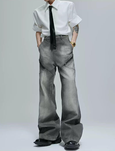 Multi-Zipped Contrast Faded Denim Jacket & Jeans Set Korean Street Fashion Clothing Set By Argue Culture Shop Online at OH Vault