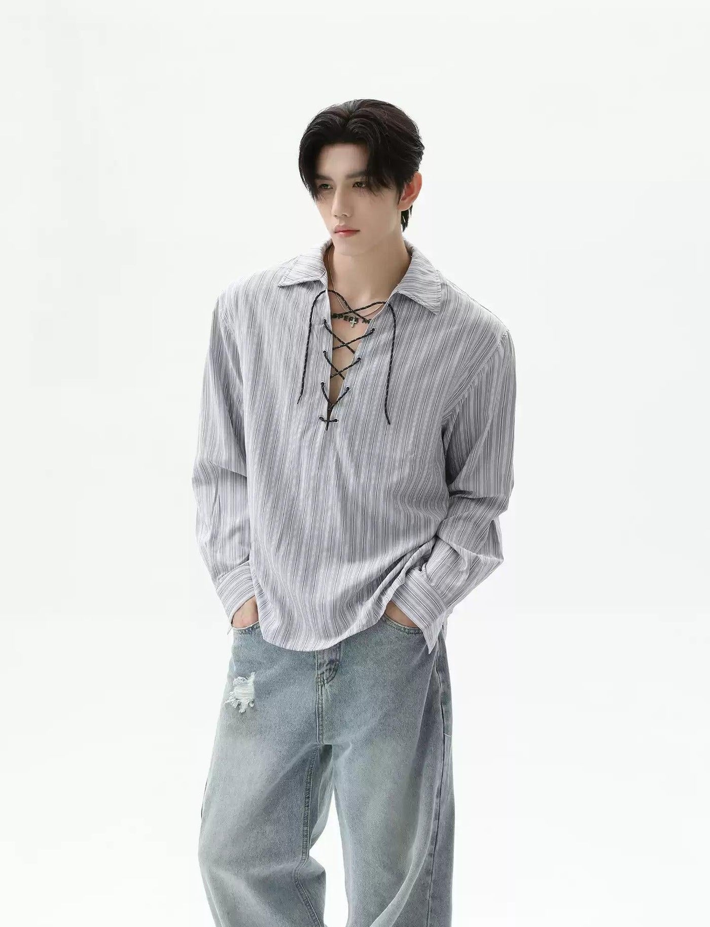 Drawstring Striped V-Neck Shirt Korean Street Fashion Shirt By Turn Tide Shop Online at OH Vault