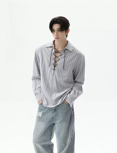 Drawstring Striped V-Neck Shirt Korean Street Fashion Shirt By Turn Tide Shop Online at OH Vault