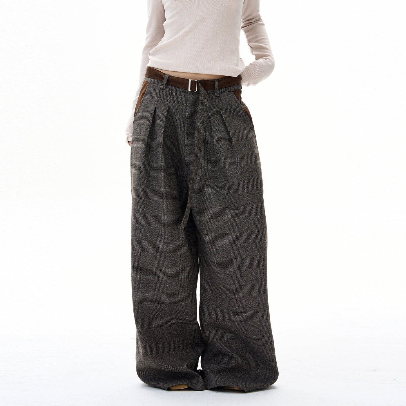 Pleated Belt Strap Plaid Trousers Korean Street Fashion Trousers By 77Flight Shop Online at OH Vault