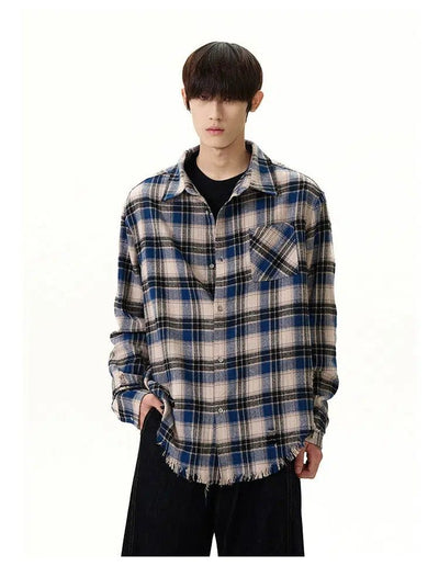 Large Plaid Raw Edge Shirt Korean Street Fashion Shirt By A PUEE Shop Online at OH Vault