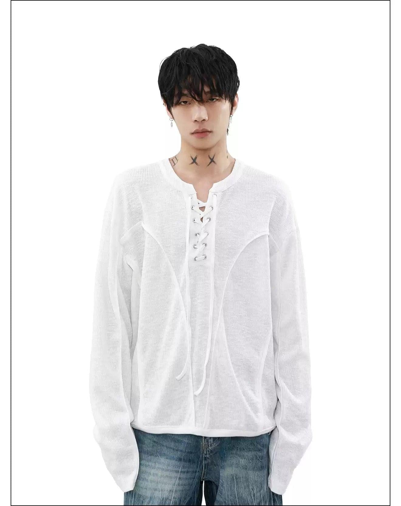 Lace-Up Knitted Long Sleeve T-Shirt Korean Street Fashion T-Shirt By Mr Nearly Shop Online at OH Vault