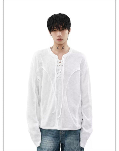 Lace-Up Knitted Long Sleeve T-Shirt Korean Street Fashion T-Shirt By Mr Nearly Shop Online at OH Vault