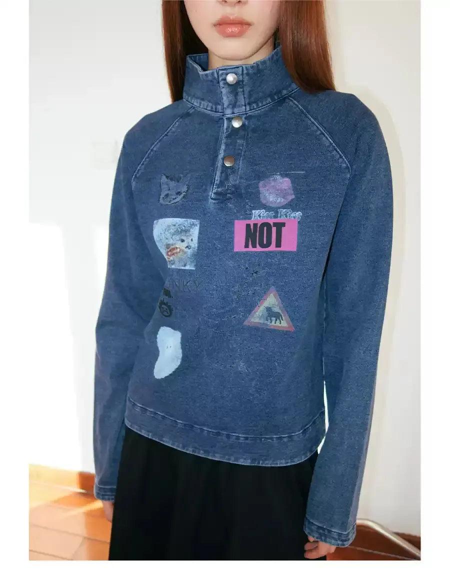 Boxy Fit Graphic Denim Half-Buttoned Shirt Korean Street Fashion Shirt By Funky Fun Shop Online at OH Vault