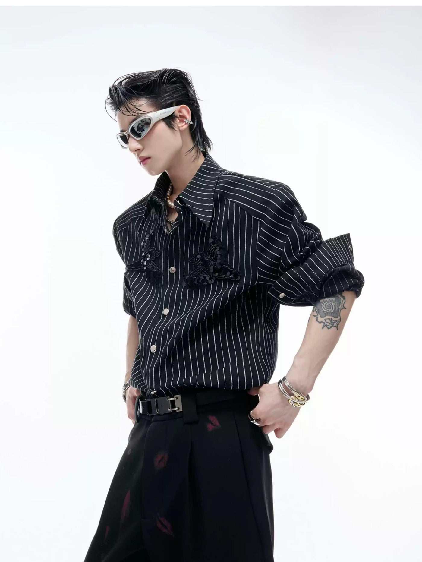 Striped Sequin Embroidery Shirt Korean Street Fashion Shirt By Argue Culture Shop Online at OH Vault