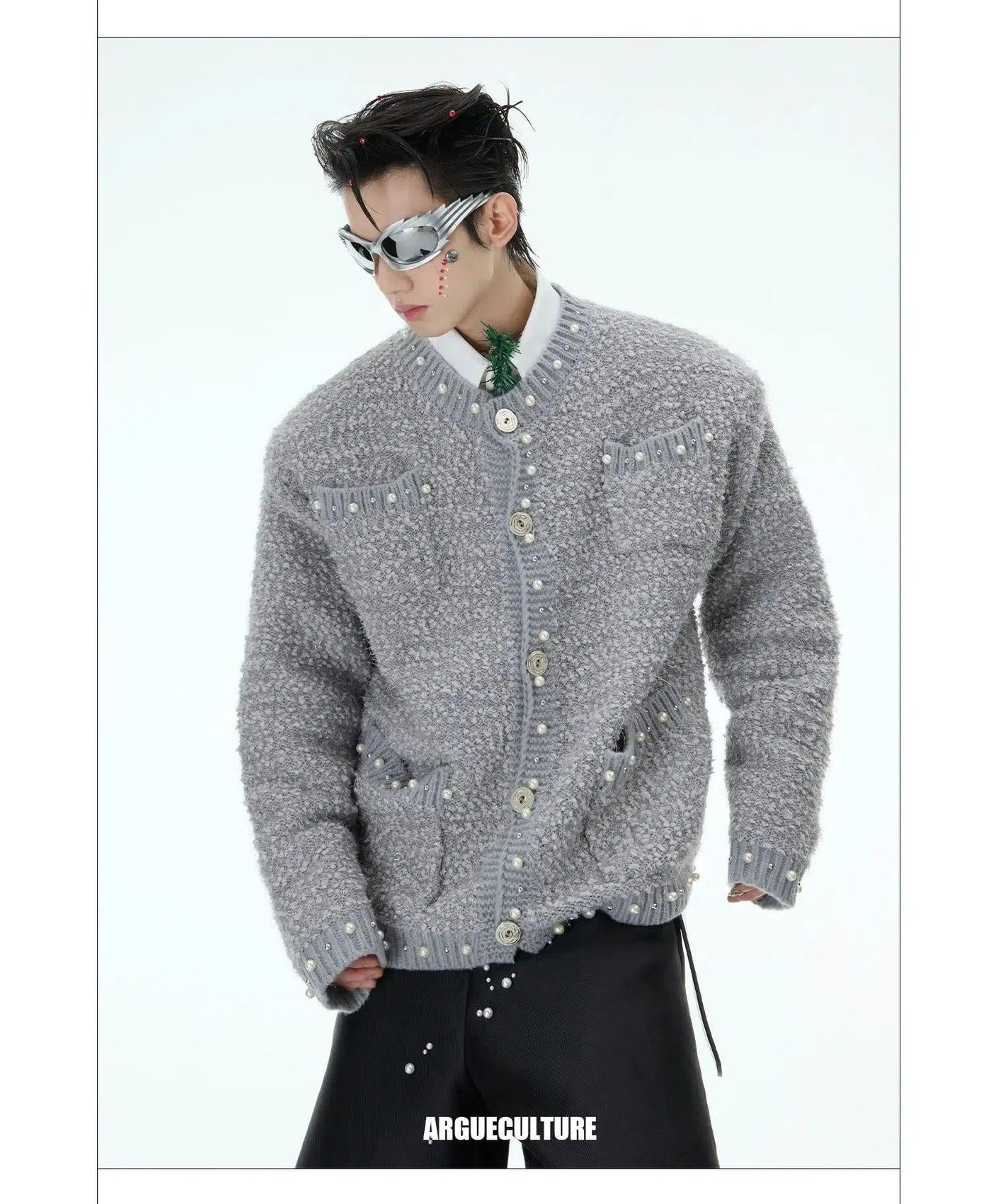 Pearled Lines Knit Cardigan Korean Street Fashion Cardigan By Argue Culture Shop Online at OH Vault