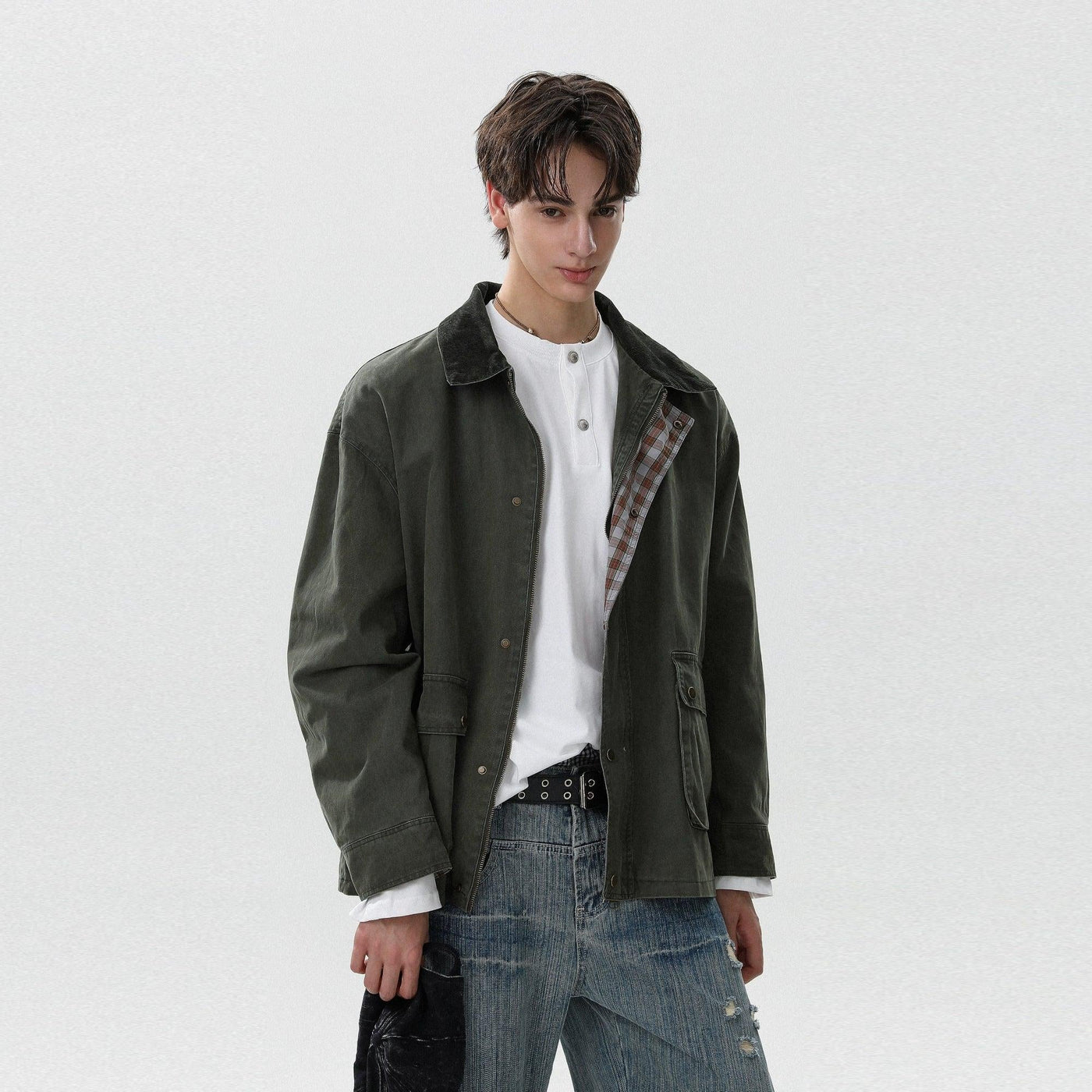 Plaid Lining Snap Buttoned Jacket Korean Street Fashion Jacket By Mr Nearly Shop Online at OH Vault