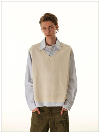 Knit Vest Layered Striped Shirt Korean Street Fashion Shirt By Mr Nearly Shop Online at OH Vault