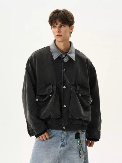 Oversized Pocket Faux Leather Collar Jacket Korean Street Fashion Jacket By MaxDstr Shop Online at OH Vault