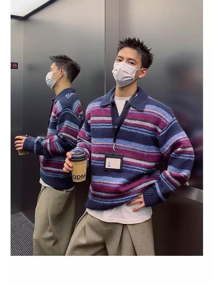 Striped Collared V-Neck Sweater Korean Street Fashion Sweater By Poikilotherm Shop Online at OH Vault
