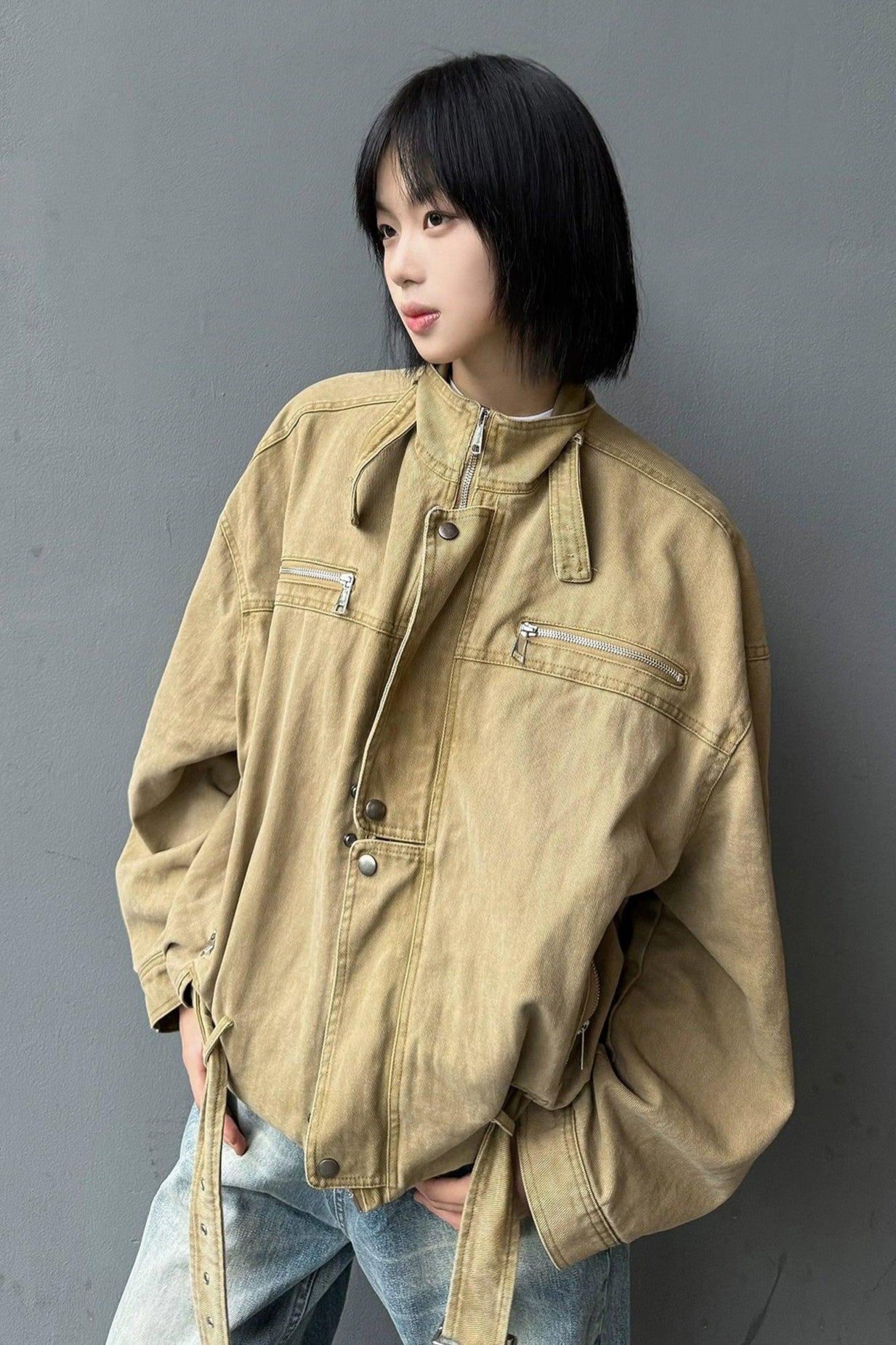 Stand Collar Multiple Detail Denim Jacket Korean Street Fashion Jacket By MaxDstr Shop Online at OH Vault