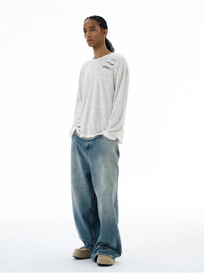 Distressed Stripe Layered Sweater Korean Street Fashion Sweater By 77Flight Shop Online at OH Vault