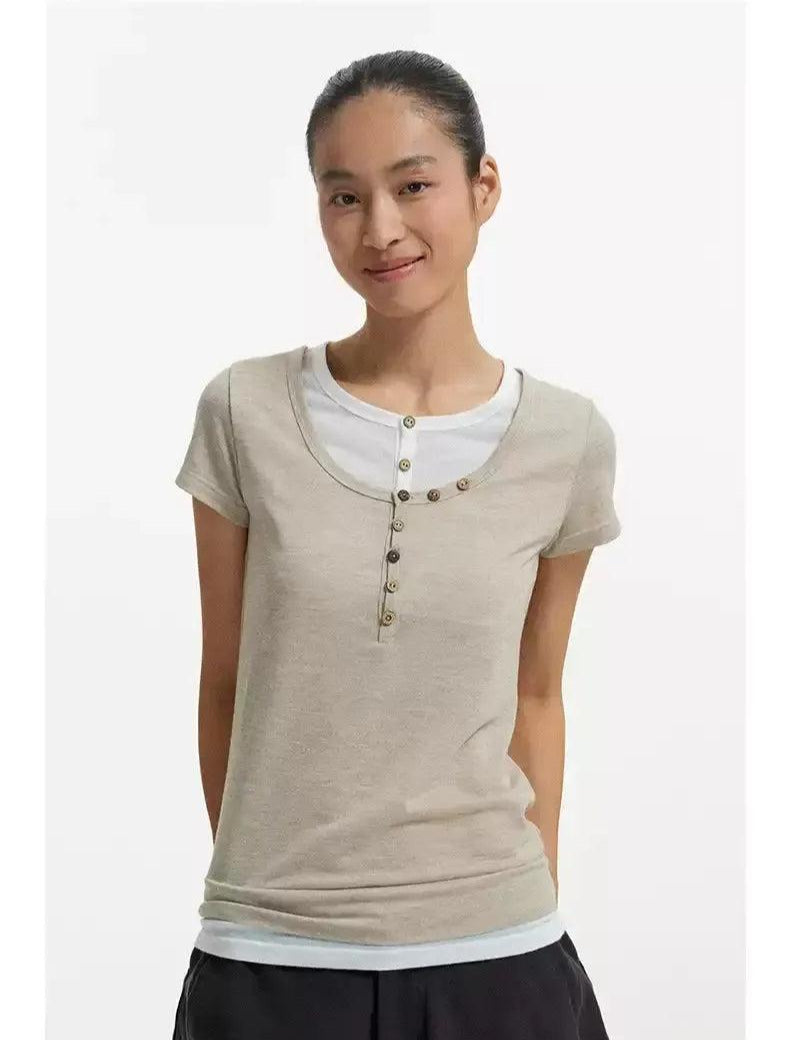 Layered and Buttoned T-Shirt Korean Street Fashion T-Shirt By Conp Conp Shop Online at OH Vault