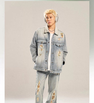 Washed Patched Detail Denim Jacket Korean Street Fashion Jacket By New Start Shop Online at OH Vault