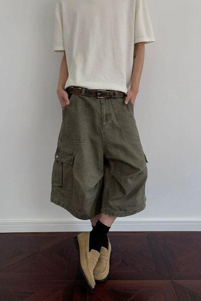 Washed Wide Cargo Denim Shorts Korean Street Fashion Shorts By A PUEE Shop Online at OH Vault