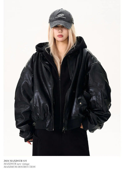 Layered PU Leather Bomber Hooded Jacket Korean Street Fashion Jacket By MaxDstr Shop Online at OH Vault