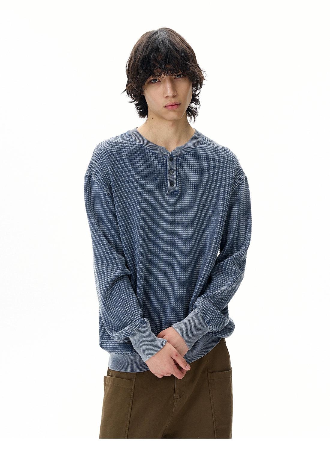 Henley Collar Textured Crewneck Korean Street Fashion Crewneck By 77Flight Shop Online at OH Vault