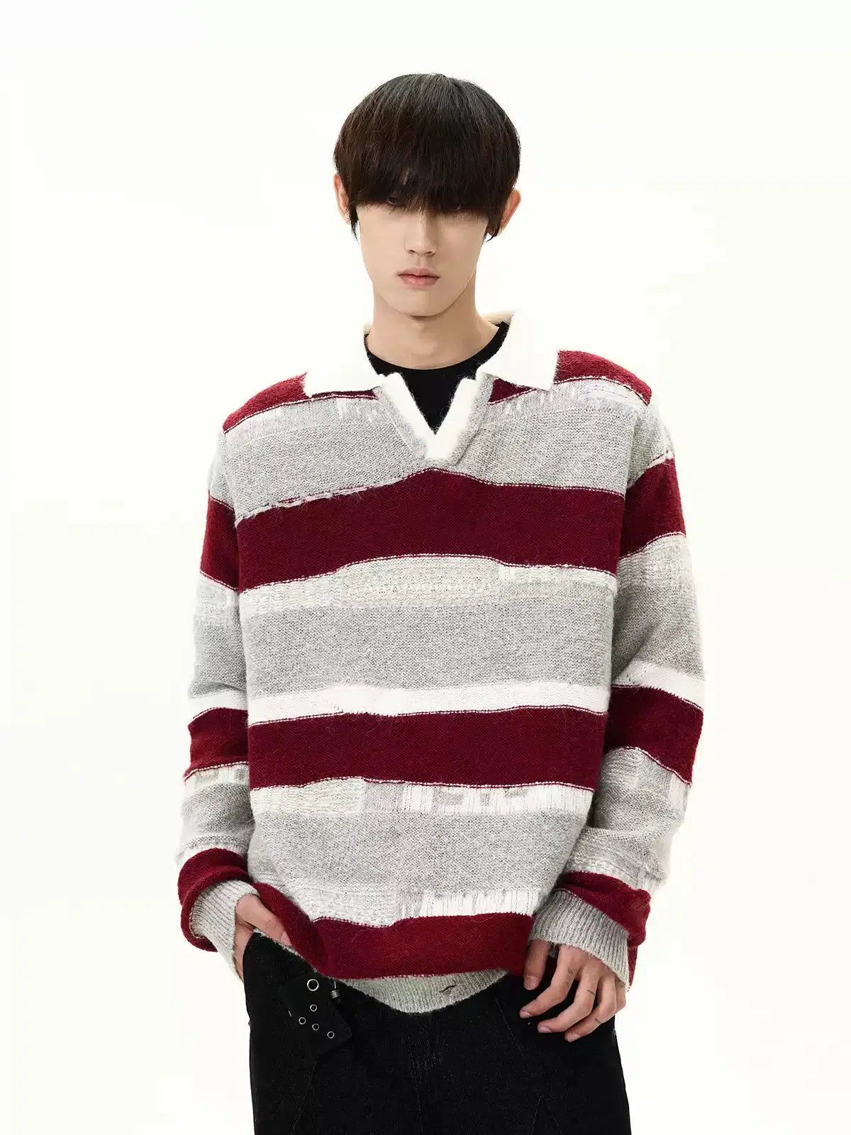 Contrast Striped Collared V-Neck Sweater Korean Street Fashion Sweater By A PUEE Shop Online at OH Vault