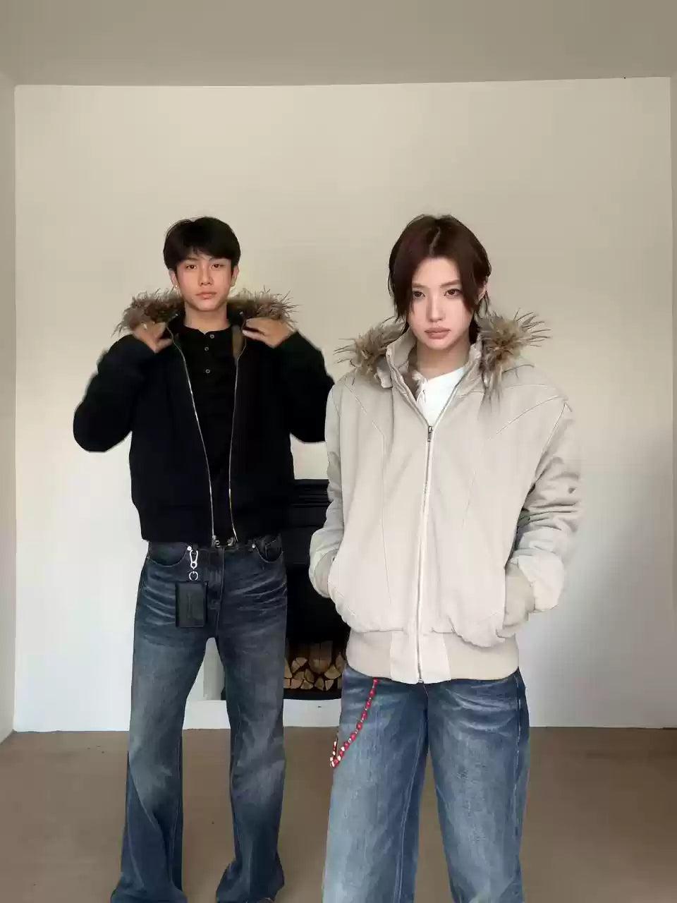 Fur-Lined Ribbed Hem Hooded Jacket Korean Street Fashion Jacket By Made Extreme Shop Online at OH Vault