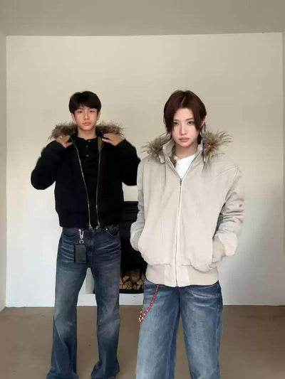 Fur-Lined Ribbed Hem Hooded Jacket Korean Street Fashion Jacket By Made Extreme Shop Online at OH Vault