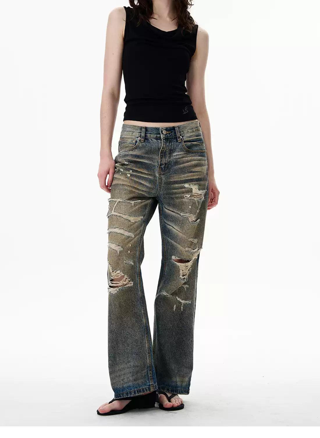 Distressed and Whisker Faded Straight Jeans Korean Street Fashion Jeans By 77Flight Shop Online at OH Vault