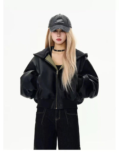 Removable Hood Reversible PU Leather Jacket Korean Street Fashion Jacket By MaxDstr Shop Online at OH Vault