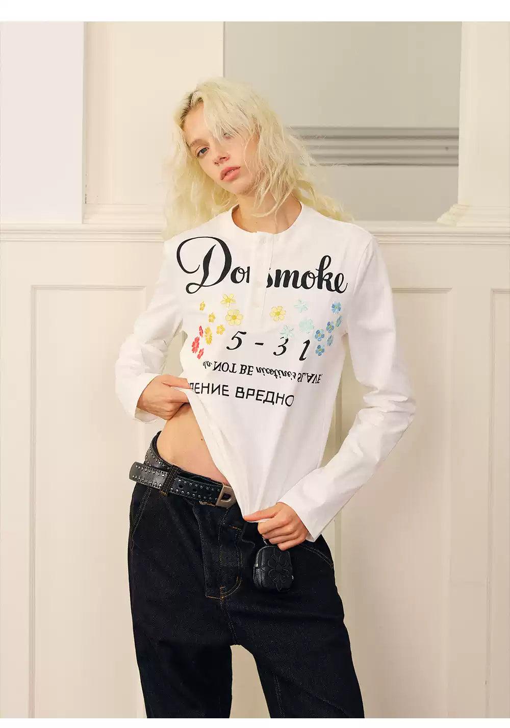 Graphic Print Henley Long Sleeve T-Shirt Korean Street Fashion T-Shirt By Donsmoke Shop Online at OH Vault