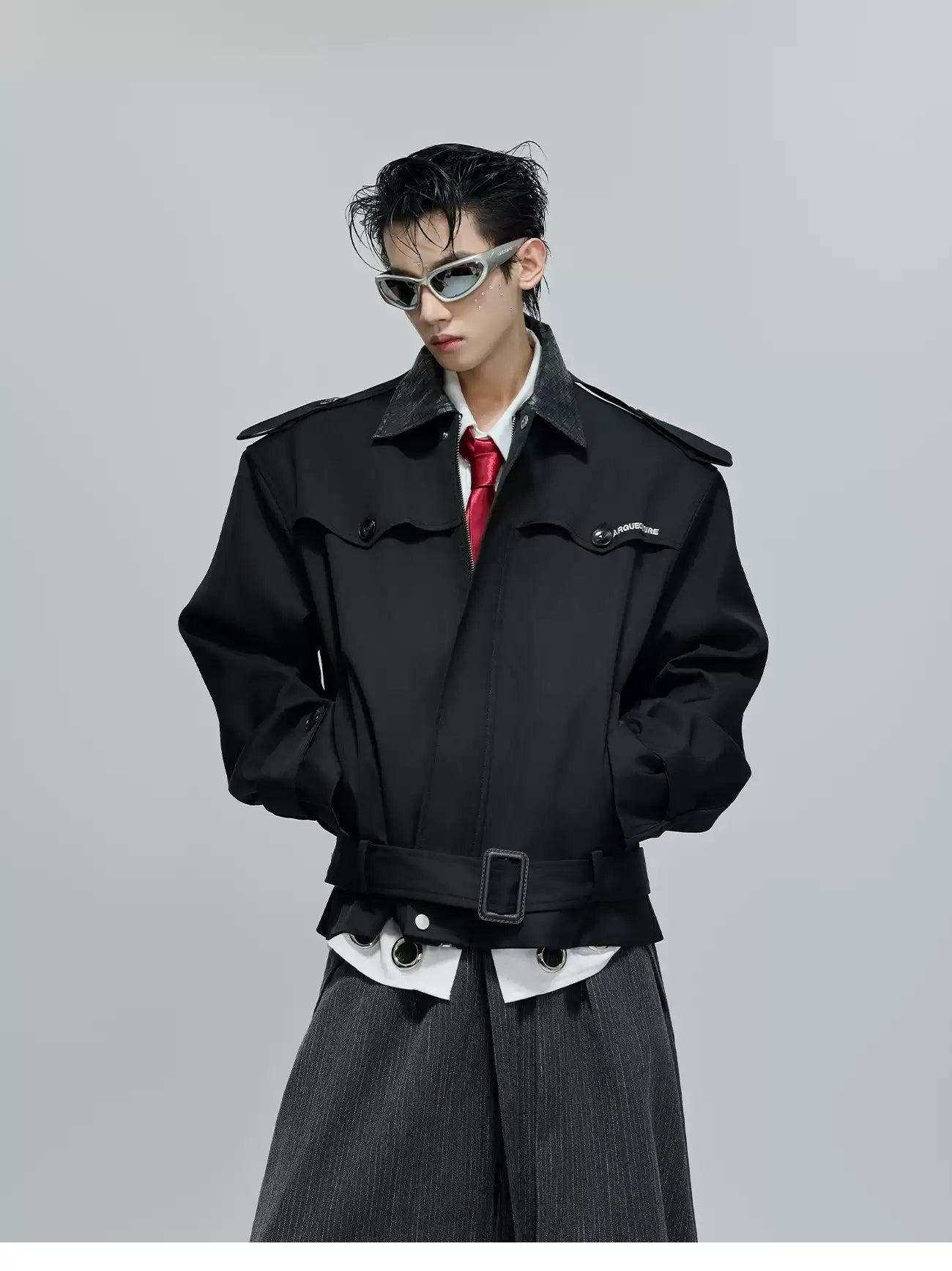 Faux Leather Collar Strap Belt Jacket Korean Street Fashion Jacket By Argue Culture Shop Online at OH Vault