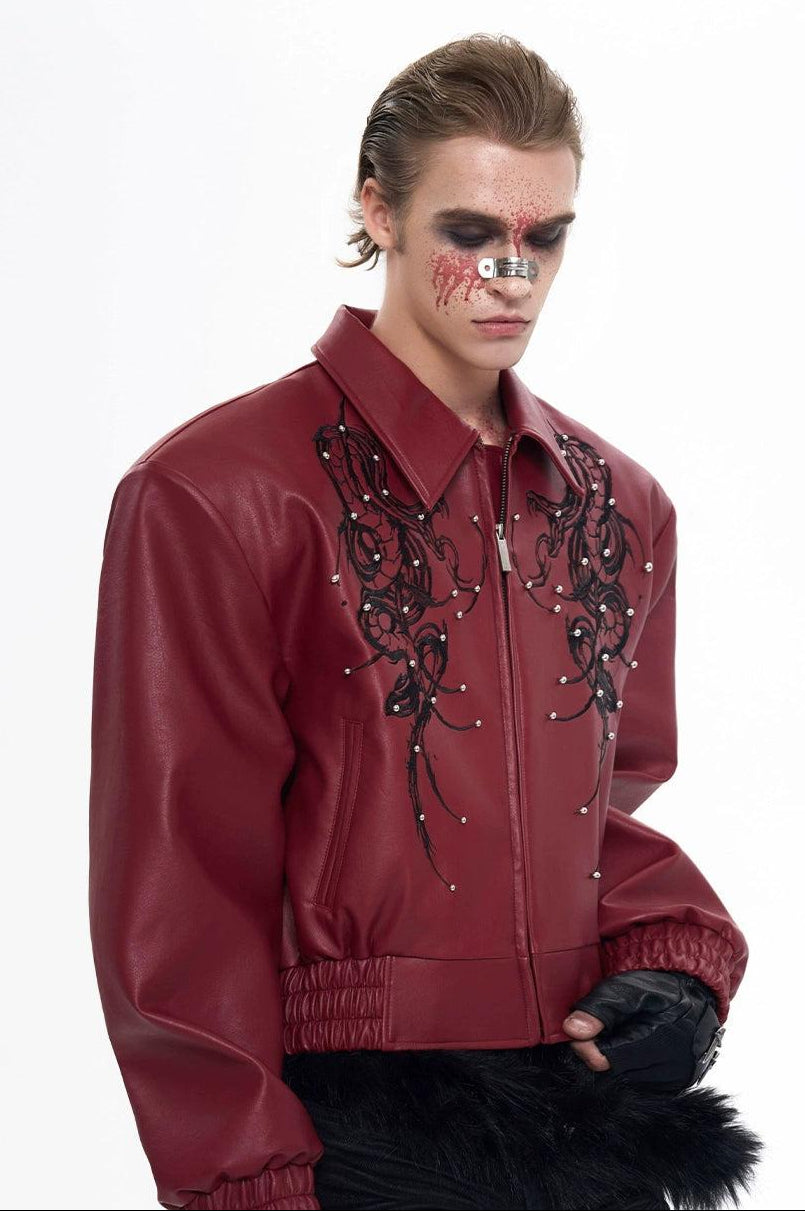 Snake Stitched PU Leather Jacket Korean Street Fashion Jacket By Slim Black Shop Online at OH Vault