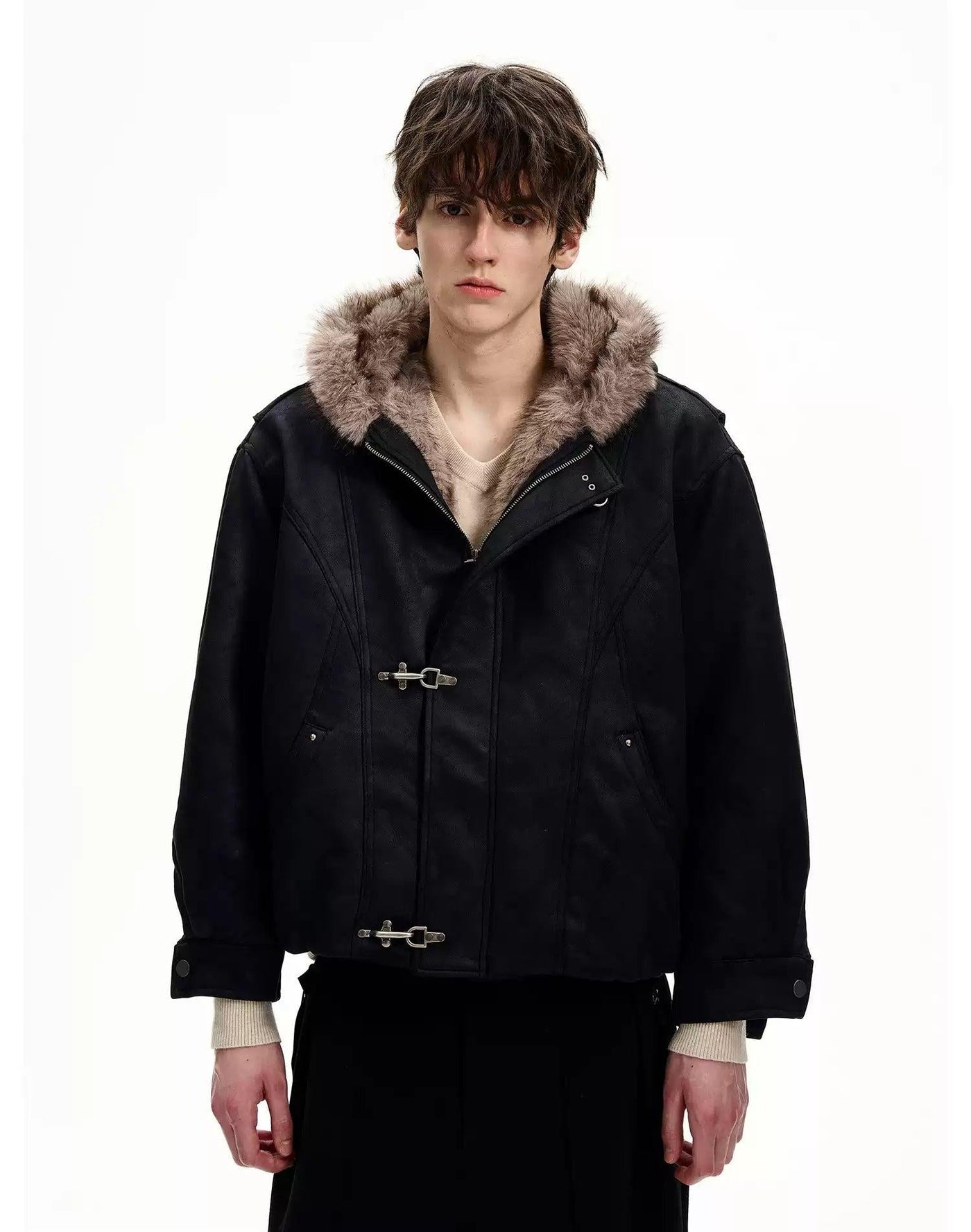 Fur Trim Hood Fireman Clasp Micro Suede Jacket Korean Street Fashion Jacket By MaxDstr Shop Online at OH Vault