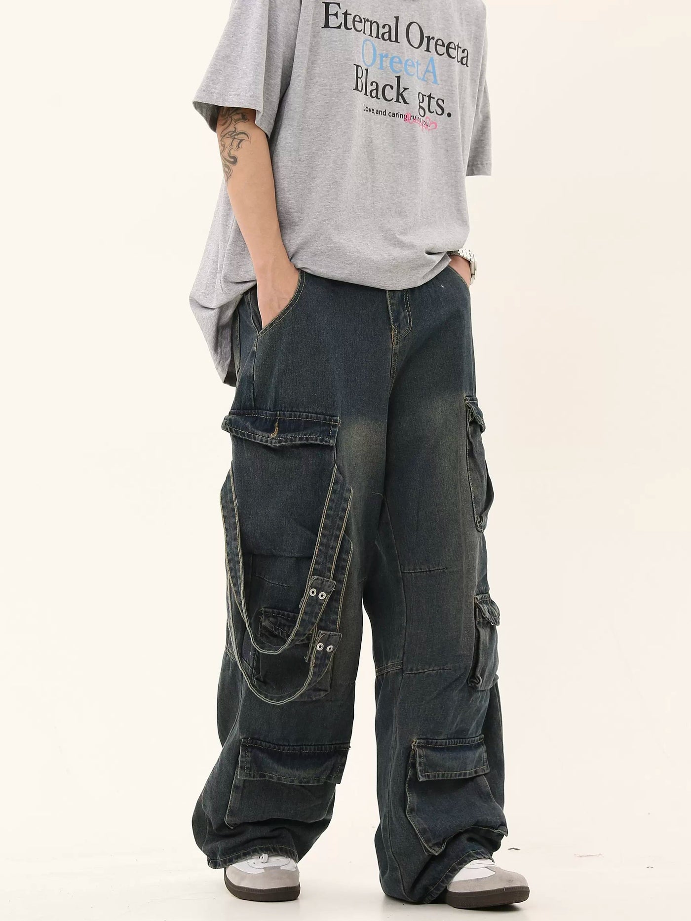 Asymmetric Strap Washed Cargo Jeans Korean Street Fashion Jeans By Blacklists Shop Online at OH Vault