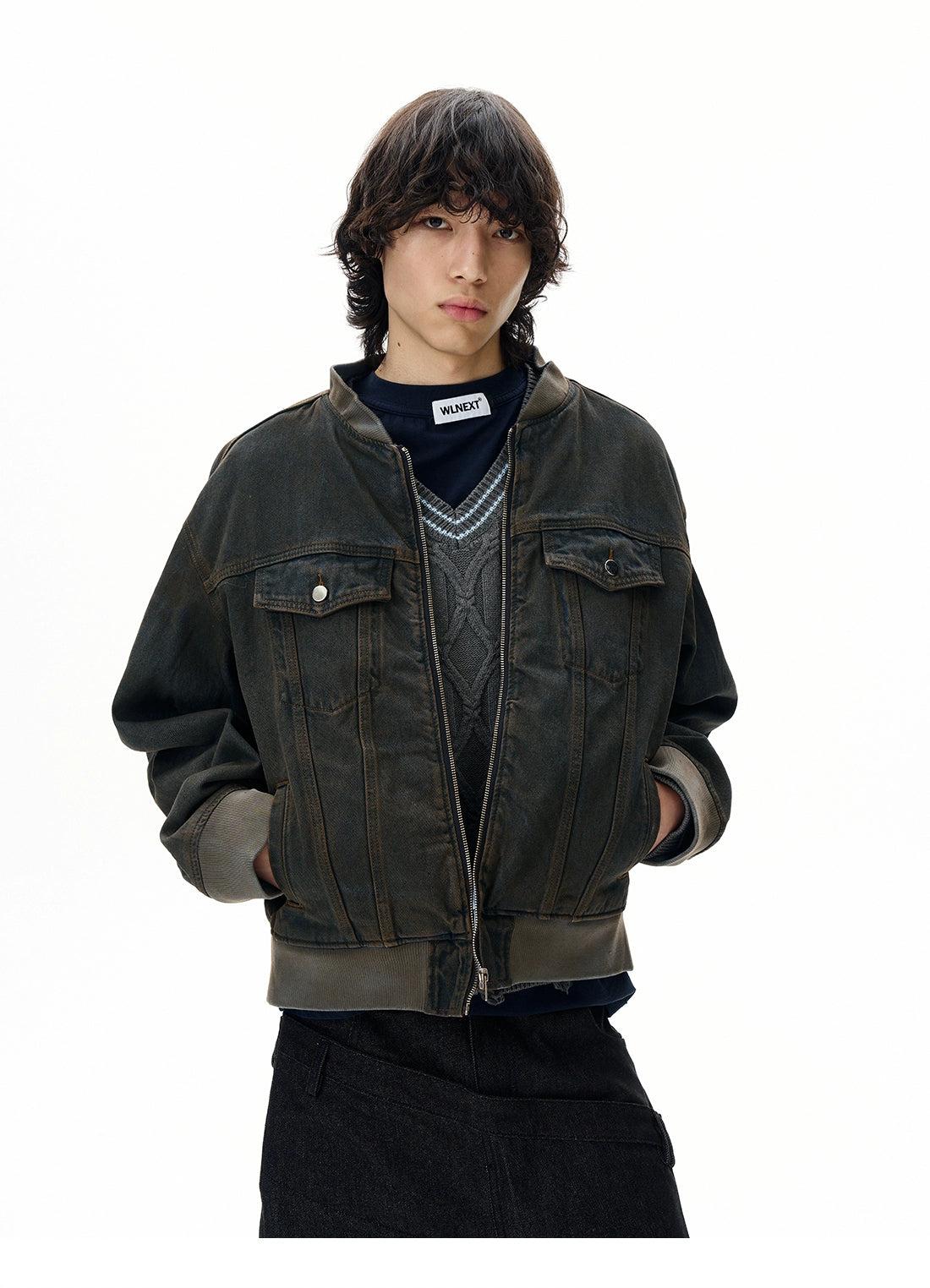 Distressed Wash Ribbed Hem Denim Jacket Korean Street Fashion Jacket By 77Flight Shop Online at OH Vault