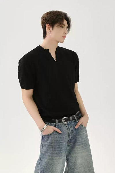 Plain V-Neck Knit T-Shirt Korean Street Fashion T-Shirt By Turn Tide Shop Online at OH Vault