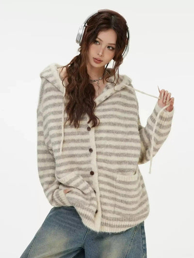 Striped Hooded Buttoned Sweater Korean Street Fashion Sweater By INS Korea Shop Online at OH Vault