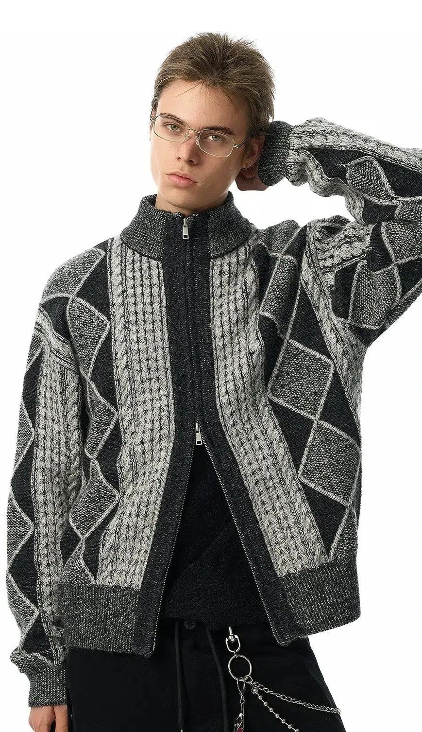 Contrast Pattern Zipped Knit Jacket Korean Street Fashion Jacket By JHYQ Shop Online at OH Vault