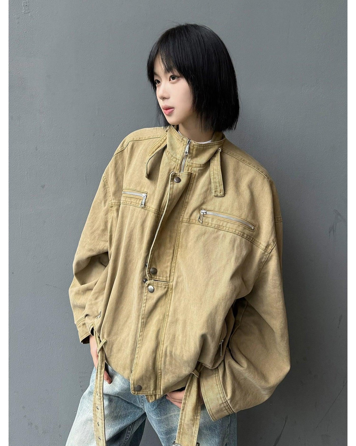 Buckled Zip Pocket Denim Jacket Korean Street Fashion Jacket By MaxDstr Shop Online at OH Vault