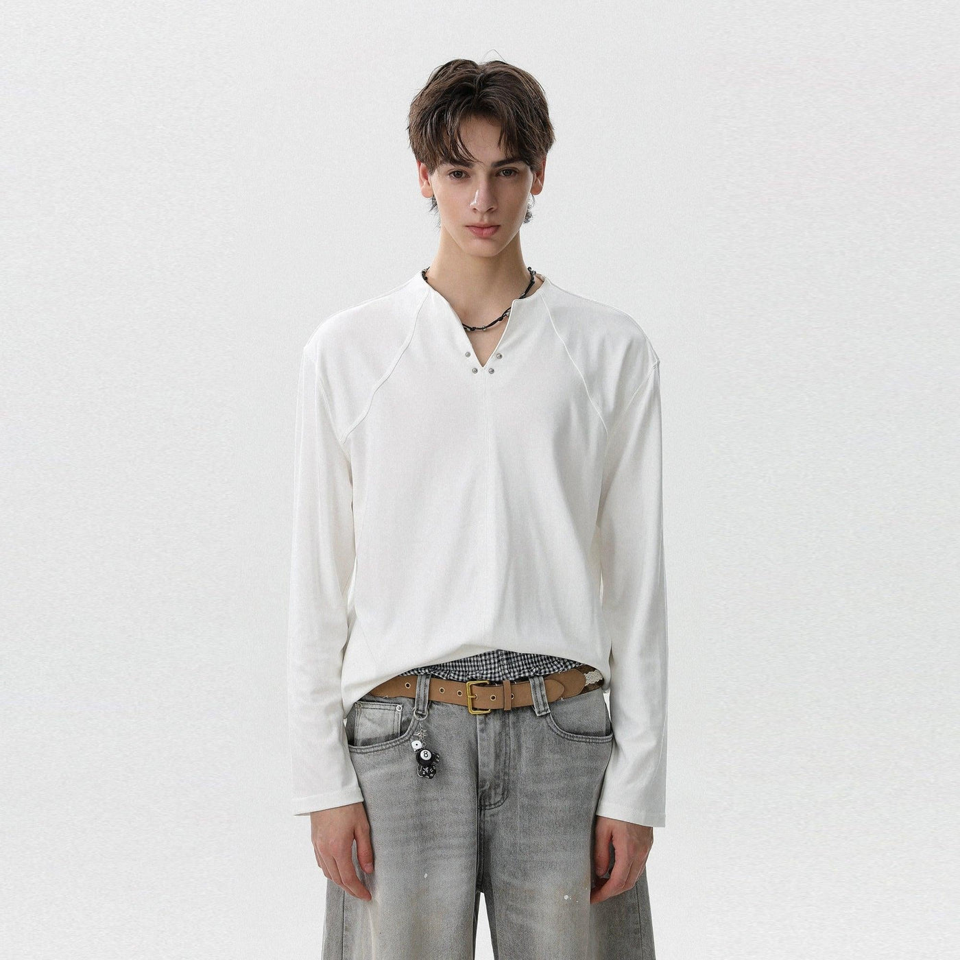 Plain Color Henley Collar L/S T-Shirt Korean Street Fashion T-Shirt By Mr Nearly Shop Online at OH Vault